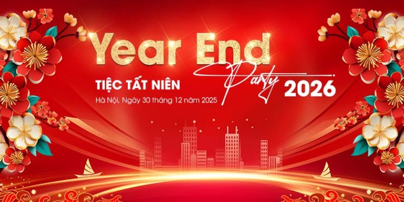 Backdrop Year End Party 2026 màu đỏ