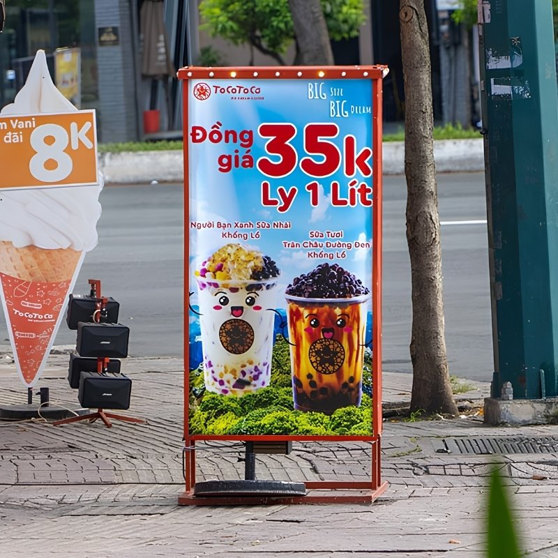 Bảng hiệu đứng bặt khung sắt