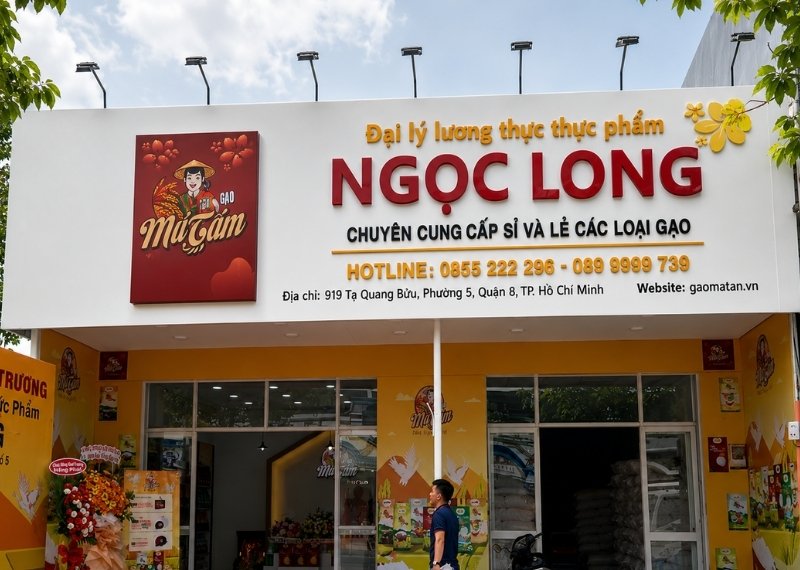 Bảng hiệu đại lý bán gạo Ngọc Long sử dụng chất liệu Alu chữ nổi Mica