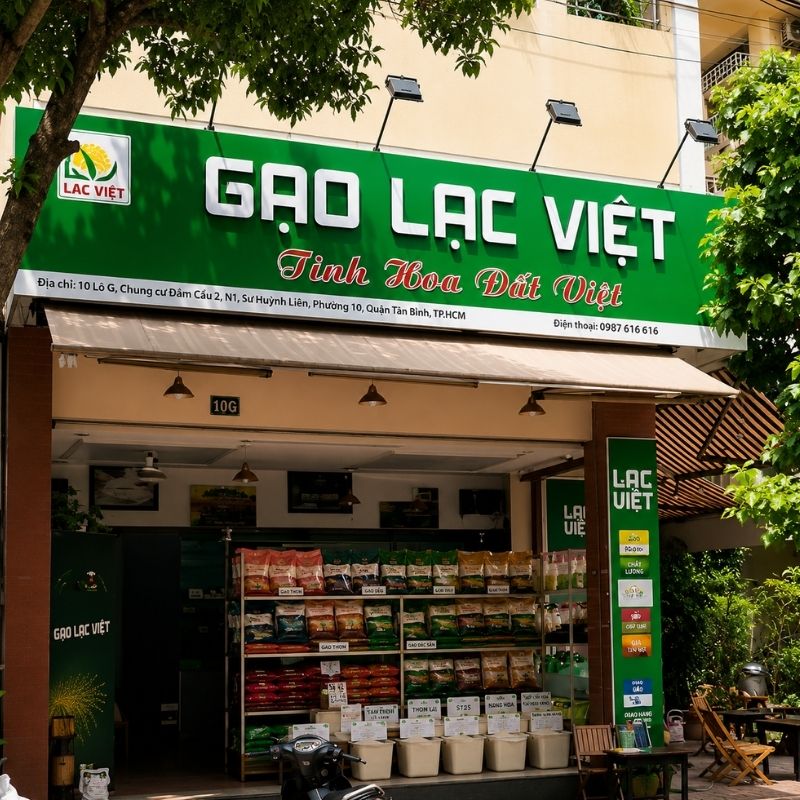 Bảng hiệu Gạo Lạc Việt được thiết kế chuyên nghiệp, dễ nhìn