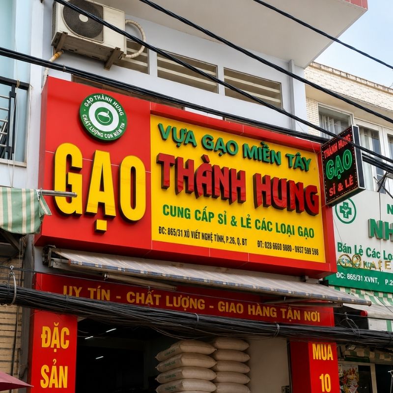 Cửa hàng gạo sử dụng bảng hiệu kết hợp biển vẫy để tối nhận diện
