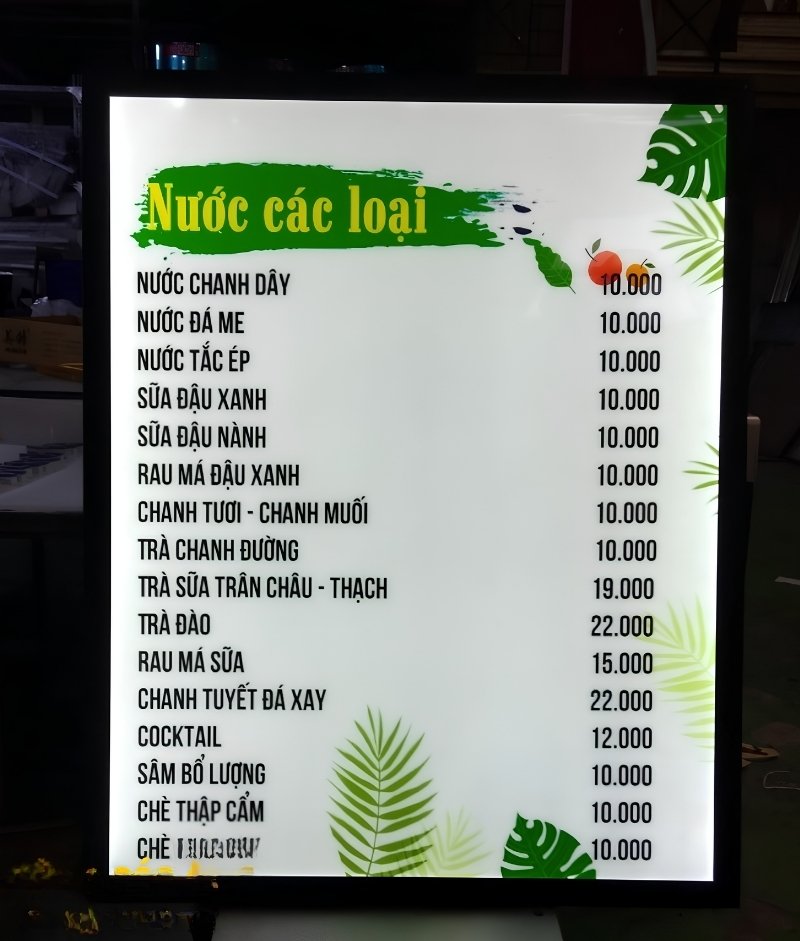 Bảng menu đèn LED quán nước, chè