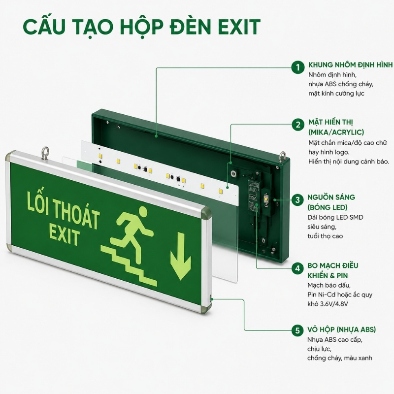 Cấu tạo chi tiết hộp đèn Exit